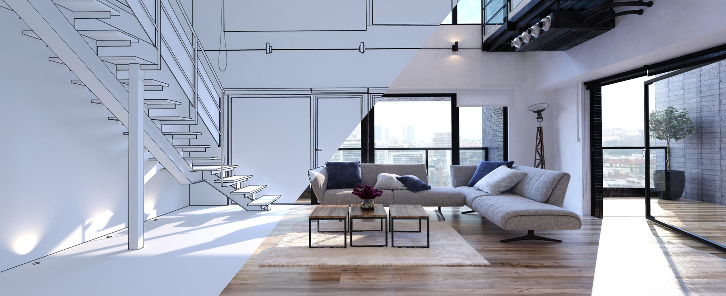 Modern living room with architectural-sketch overlay representing CedarWood's design-through-development approach